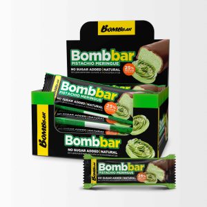 bombbar protein bar with sugar free chocolate pistachio meringue